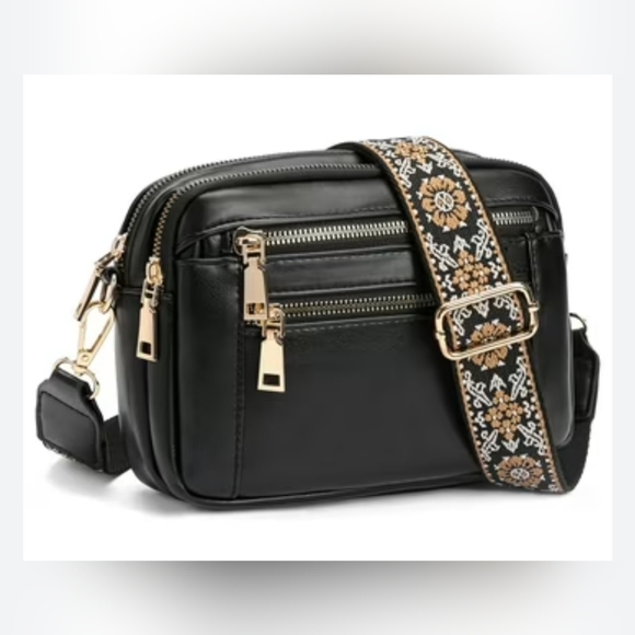 Bella & Carina Handbags - Black Faux Leather Crossbody Bag with Guitar Embroidered Strap